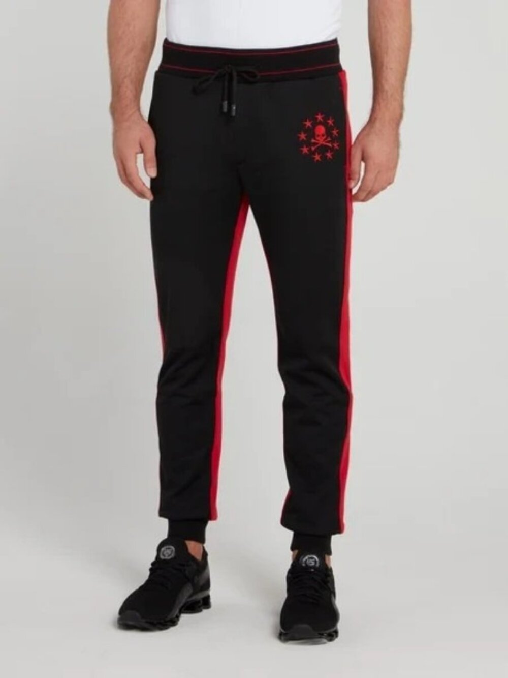 Phillip Plein Homme Black Red Skull Embroidered Jogger Pants, Size M